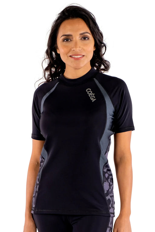 COEGA Women's Rash Guard Short Sleeve (UK 8) - Black Glitter Cheetah - Adventure HQ